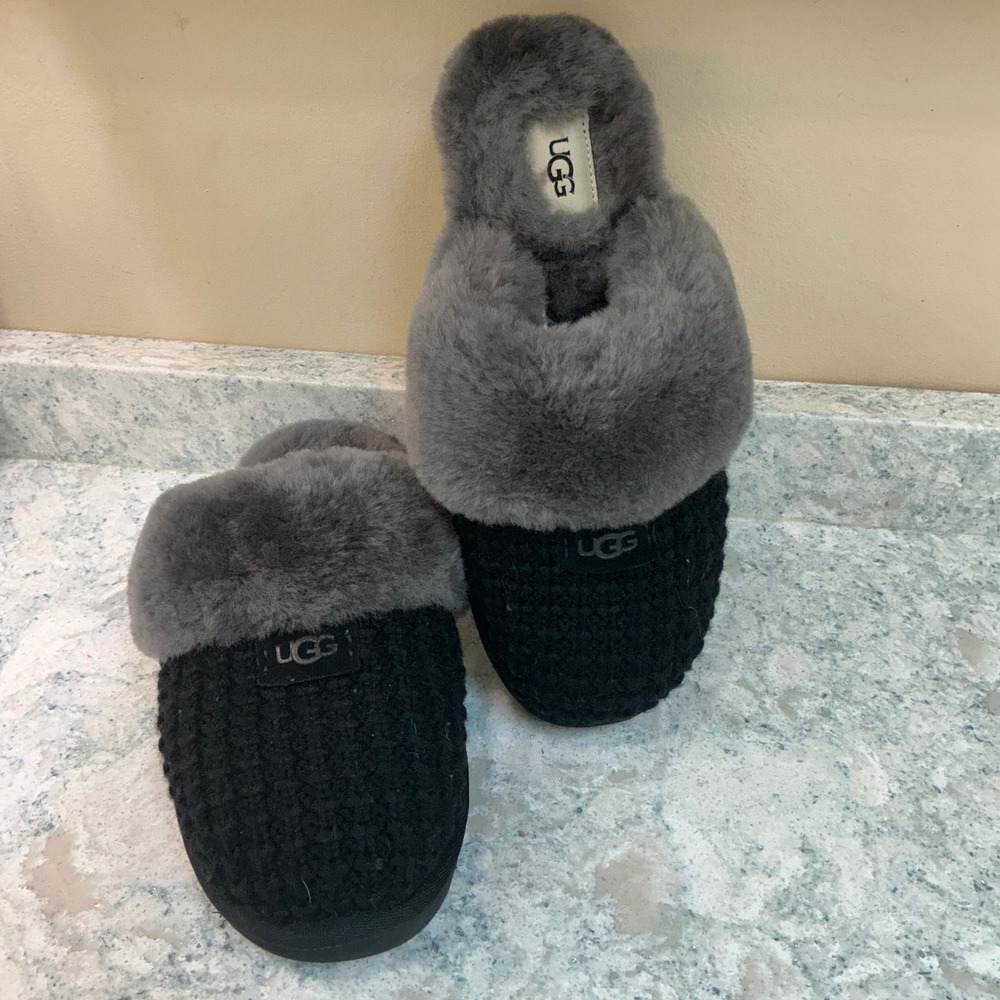UGG Slippers Cozette Cable Knit 8 Black Charcoal Sheepskin Fur Slide 1117659
